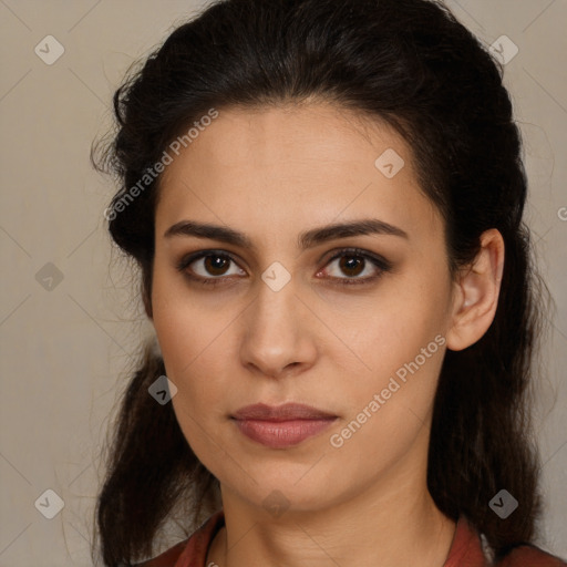 Neutral white young-adult female with long  brown hair and brown eyes