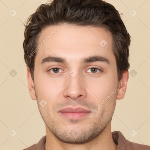 Neutral white young-adult male with short  brown hair and brown eyes