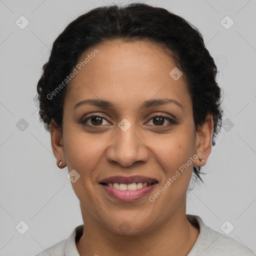 Joyful latino young-adult female with short  black hair and brown eyes