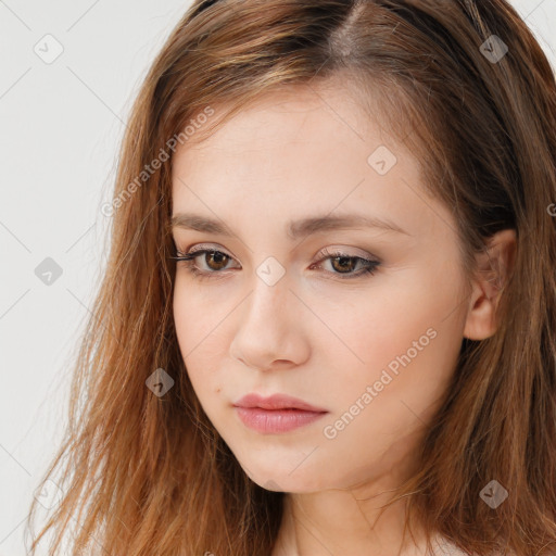 Neutral white young-adult female with long  brown hair and brown eyes