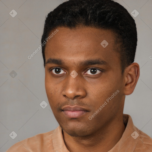 Neutral black young-adult male with short  black hair and brown eyes