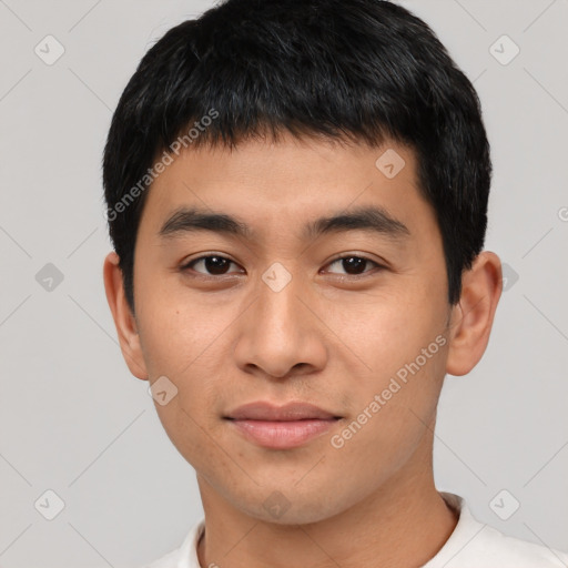 Neutral asian young-adult male with short  black hair and brown eyes