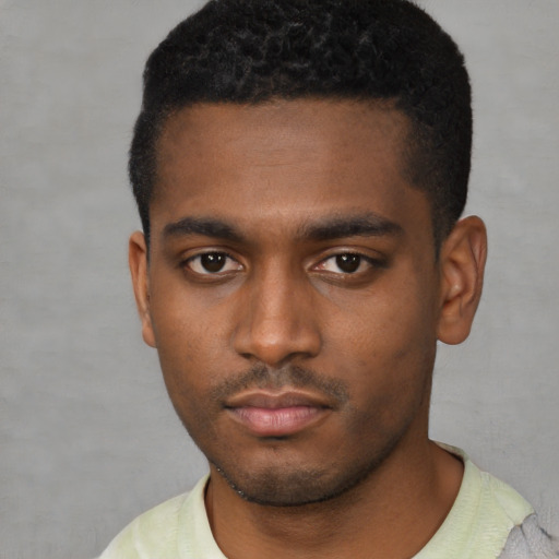 Neutral black young-adult male with short  black hair and brown eyes