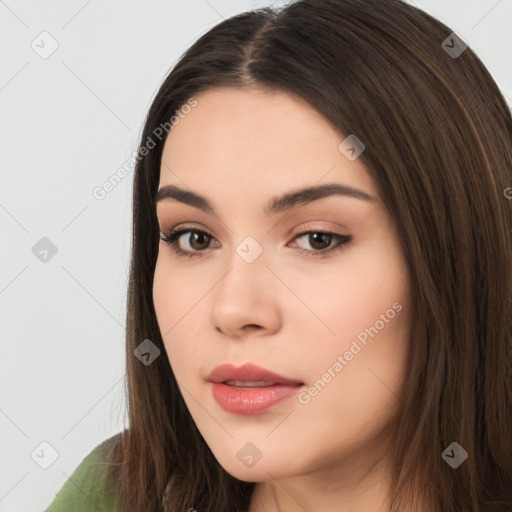 Neutral white young-adult female with long  brown hair and brown eyes