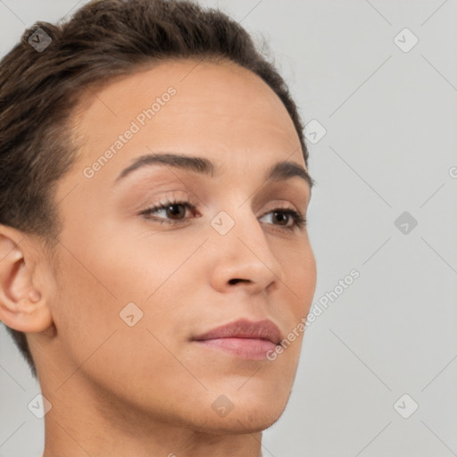 Neutral white young-adult female with short  brown hair and brown eyes