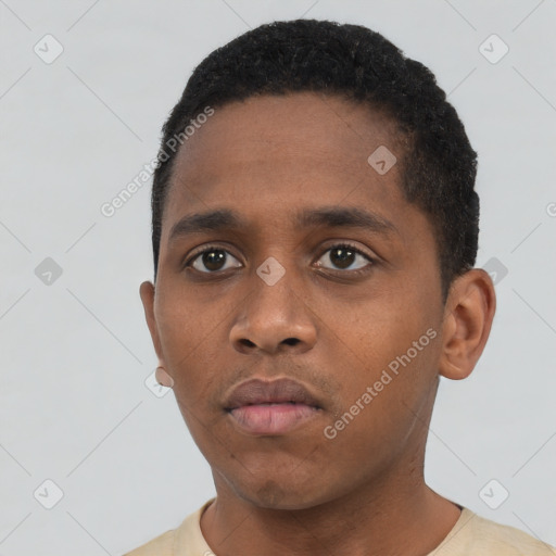 Neutral black young-adult male with short  black hair and brown eyes