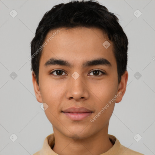 Neutral latino young-adult male with short  black hair and brown eyes