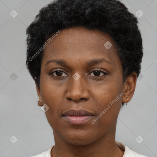 Neutral black young-adult female with short  black hair and brown eyes