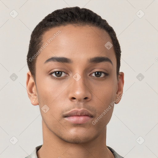 Neutral white young-adult male with short  brown hair and brown eyes