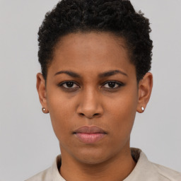 Neutral black young-adult female with short  brown hair and brown eyes