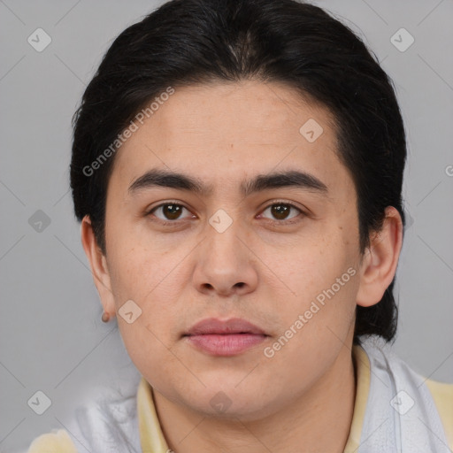 Joyful white young-adult male with medium  brown hair and brown eyes