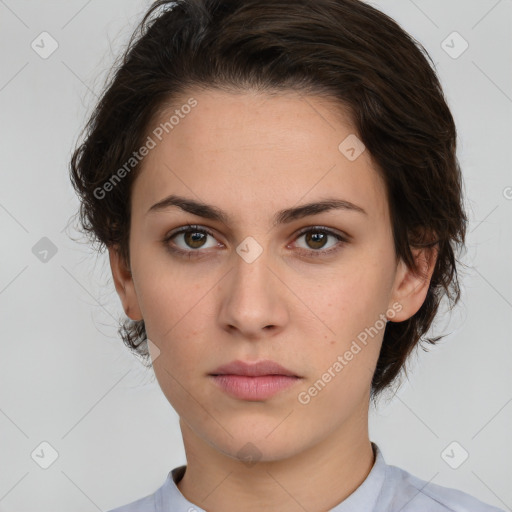 Neutral white young-adult female with short  brown hair and brown eyes