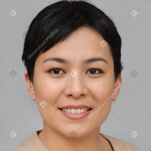 Joyful asian young-adult female with short  brown hair and brown eyes