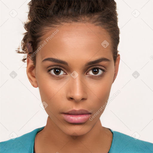 Neutral white young-adult female with short  brown hair and brown eyes