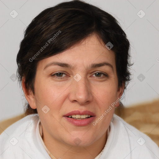 Joyful white adult female with medium  brown hair and brown eyes