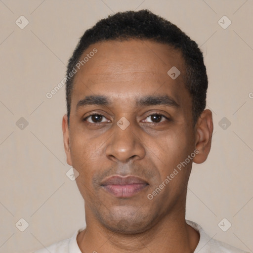 Neutral black adult male with short  black hair and brown eyes
