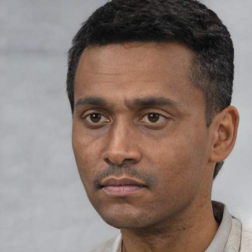 Neutral latino adult male with short  black hair and brown eyes