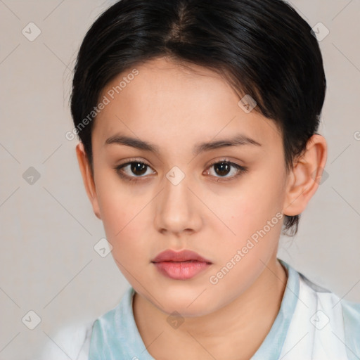 Neutral white young-adult female with medium  brown hair and brown eyes