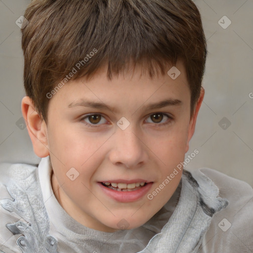 Joyful white child male with short  brown hair and brown eyes