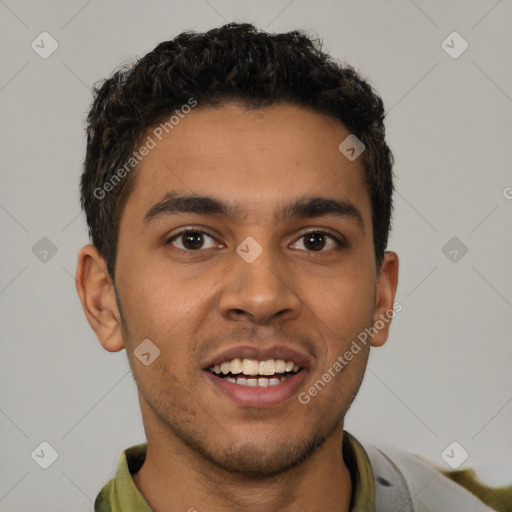 Joyful latino young-adult male with short  brown hair and brown eyes