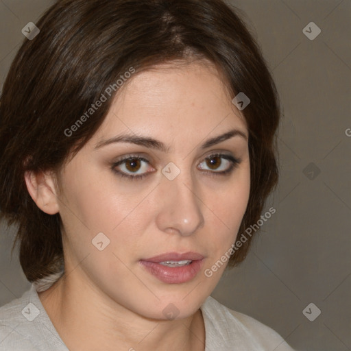 Neutral white young-adult female with medium  brown hair and brown eyes