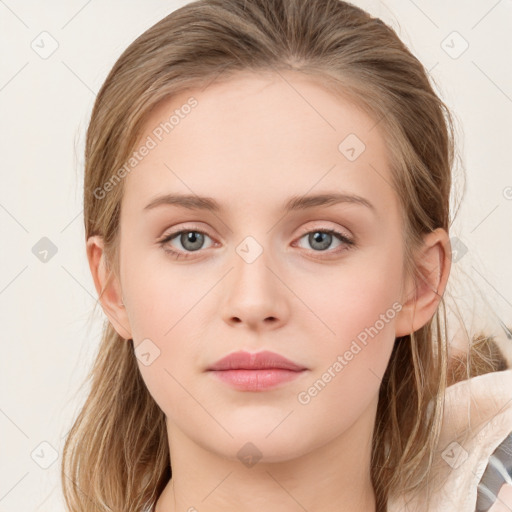 Neutral white young-adult female with medium  brown hair and grey eyes