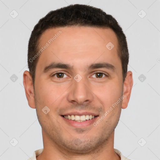 Joyful white young-adult male with short  brown hair and brown eyes