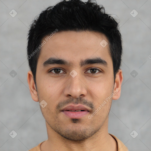 Neutral latino young-adult male with short  black hair and brown eyes