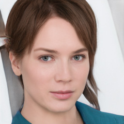 Neutral white young-adult female with medium  brown hair and grey eyes
