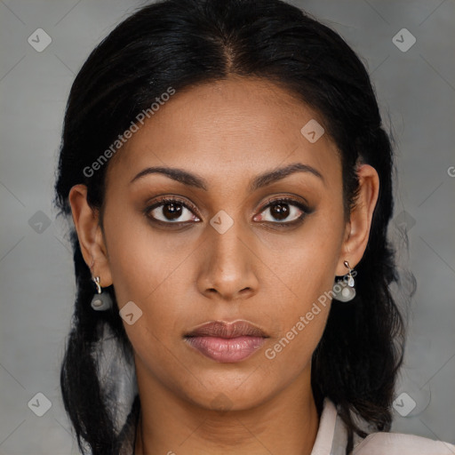 Neutral asian young-adult female with medium  brown hair and brown eyes