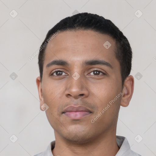 Neutral latino young-adult male with short  black hair and brown eyes
