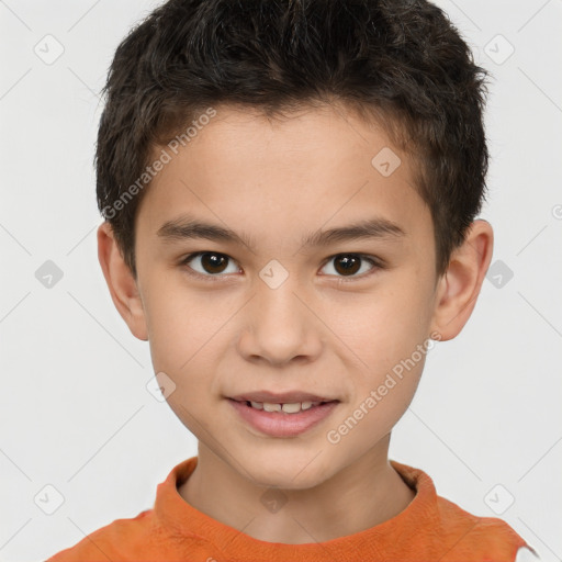 Joyful white child male with short  brown hair and brown eyes