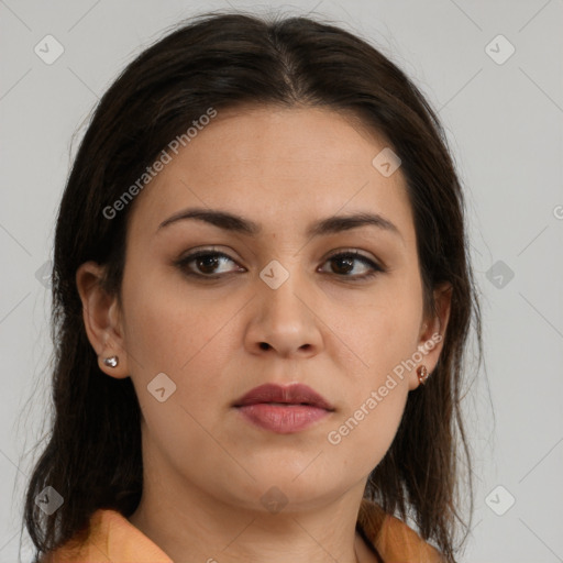 Neutral white young-adult female with medium  brown hair and brown eyes