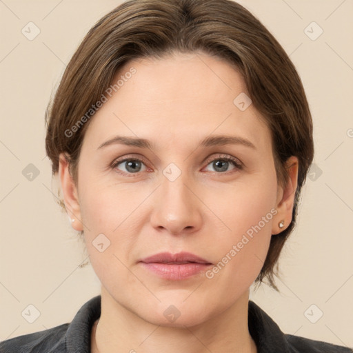 Neutral white young-adult female with medium  brown hair and grey eyes