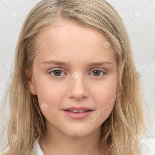 Joyful white child female with long  brown hair and brown eyes