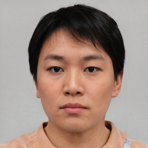 Neutral asian young-adult female with short  black hair and brown eyes