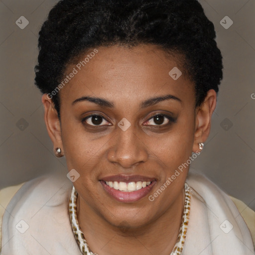 Joyful latino young-adult female with short  brown hair and brown eyes