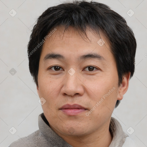 Neutral asian young-adult male with short  brown hair and brown eyes