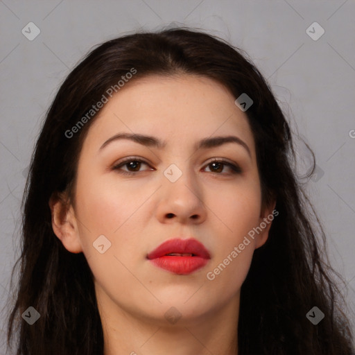 Neutral white young-adult female with long  brown hair and brown eyes