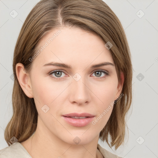 Neutral white young-adult female with medium  brown hair and grey eyes