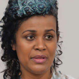 Joyful black adult female with medium  brown hair and brown eyes