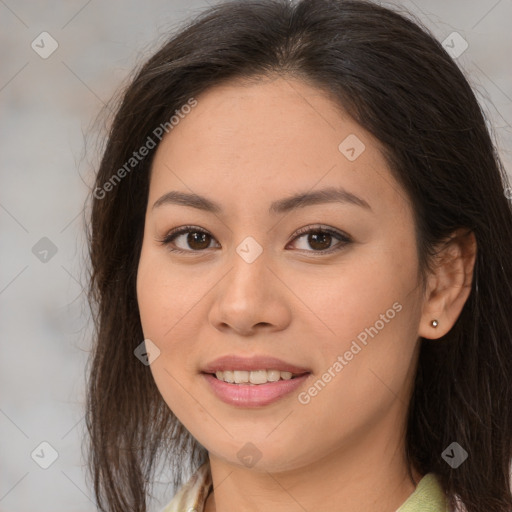 Joyful white young-adult female with long  brown hair and brown eyes