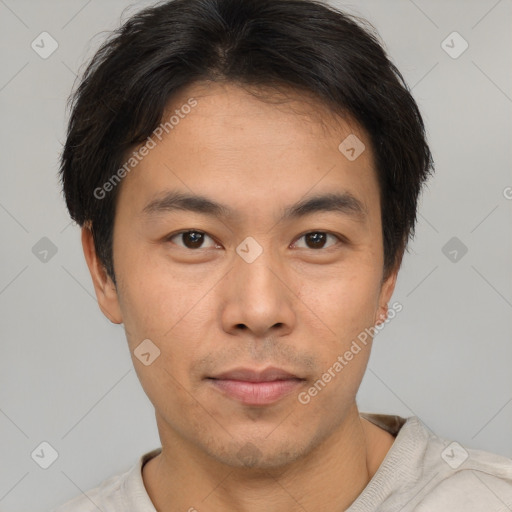 Neutral asian young-adult male with short  brown hair and brown eyes