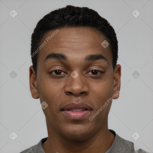 Neutral black young-adult male with short  black hair and brown eyes