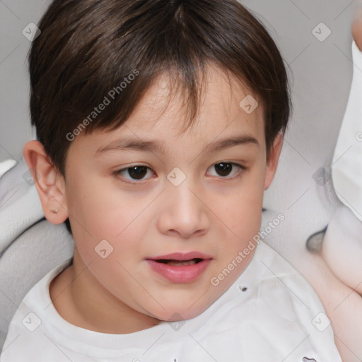 Joyful white child female with short  brown hair and brown eyes