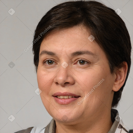 Joyful white adult female with medium  brown hair and brown eyes