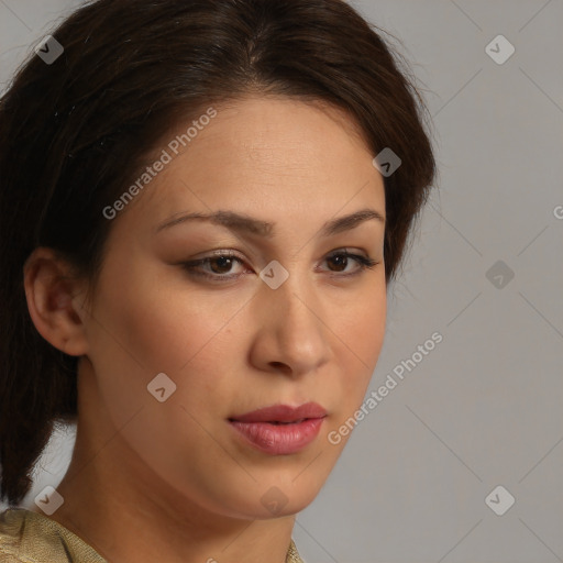 Neutral white young-adult female with medium  brown hair and brown eyes