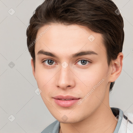 Neutral white young-adult male with short  brown hair and brown eyes