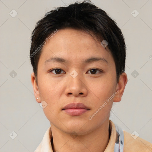 Neutral asian young-adult male with short  brown hair and brown eyes