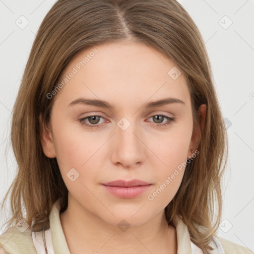 Neutral white young-adult female with medium  brown hair and brown eyes